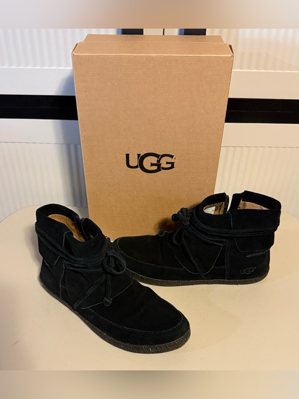 UGG “Reid” Black Suede Ankle/Moccasin Boots Side Zipper and Lace-up Wrap